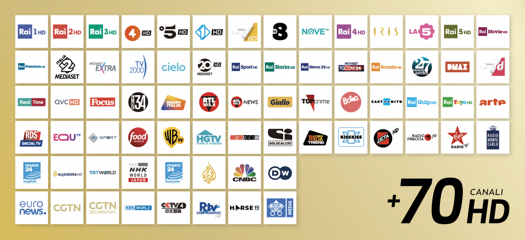 Rai 1 HD, Rai 2 HD, Rai 3 HD, Rete 4 HD, Canale 5 HD, Italia 1 HD, La7 HD, Tv8 HD, Nove HD, Rai 4 HD, Iris HD, La 5 HD, Rai 5 HD, Rai Movie HD, Rai Premium HD, Italia 2 HD, Mediaset Extra HD, TV2000 HD, Cielo HD, Mediaset 20 HD, Rai Sport HD, Rai Storia HD, Rai News 24 HD, TgCom 24 HD, Rai Scuola HD, TwentySeven HD, Dmax HD, La7d HD, Real Time HD, QVC HD, Focus HD, Cine 34 HD, Radio Italia Tv HD, RTL 102.5 Tv HD, RTL 102.5 Caliente HD, Giallo HD, Top Crime HD, Boing HD, Cartoonito HD, Rai Gulp HD, Rai Yoyo HD, Frisbee, K2, Super!, Arte HD, Mezzo, RDS Social TV HD, Equ Tv HD, Sport Tv HD, Food Network HD, Warner Tv HD, Gold Tv International, HGTV HD Home & Garden, Motor Trend HD, Sportitalia Solo Calcio HD, Euronews Italian, We Do Movies, Juwelo Tv, Radio Italia Trend Tv HD, Radio Kiss Kiss Tv HD, Radio Zeta Tv HD, Radio Freccia Tv HD, Radio Monte Carlo Tv HD, Virgin Radio Tv HD, France 24 HD, English, BBC News Europe, Al Jazeera English HD, TRT World HD, NHK World HD, Freedom, France 24 HD Français, Dim Tv, Al Jazeera HD, Sonlife Broadcasting Network, CNBC Europe HD, Bloomberg European Tv, DW - Deutsche Welle HD, Euronews HD English, CGTN HD, CGTN Documentary HD, Senato Italiano HD, Camera dei Deputati, KBS World HD, CCTV 4 HD, San Marino Rtv HD, CGTN, Rai Radio 2 Visual, DAZN 1 HD, DAZN 2 HD, Padel Time Tv HD, Ginx Tv HD, eClutch Live HD, Bigg Tv HD, Game Toon HD, eSport 24 HD, , TGR Valle d'Aosta, TGR Piemonte, TGR Liguria, TGR Lombardia, TGR Veneto, TGR Alto Adige, TGR Trentino, Rai Südtirol HD, TGR Friuli Venezia Giulia, TGR FVG Bis, TGR Emilia Romagna, TGR Toscana, TGR Marche, TGR Umbria, TGR Lazio, TGR Abruzzo, TGR Molise, TGR Campania, TGR Puglia, TGR Basilicata, TGR Calabria, TGR Sardegna, TGR Sicilia, Teleradio Pace HD, People Tv - Rete 7 HD, Telecupole, Horse Tv HD, Padre Pio Tv HD, Parole di Vita, Byoblu HD, Tivù La Guida, TRM h24, Rai Radio 1, Rai Radio 2, Rai Radio 3, Rai Isoradio, Rai GR Parlamento, Rai Radio 1 Sport, Rai Radio 3 Classica, RDS, DimSuono Roma, RTL 102.5, Radio Zeta, Radio Freccia, Radio Gamma Stereo, Radio 105, Virgin Radio, R101, Radio Monte Carlo, Rai Radio Südtirol, Radio Italia s.m.i., M2O, Radio Capital, Radio DeeJay, Radio 24, DiscoRadio, Radio Onda d'Urto, Anni 60, Radio Supersound, Radio Margherita, Radio Number One, Radio Maria, Radio Mater, Popolare, Rai No Name Radio, Rai Radio Tutta Italiana, Rai Radio Techetè, Rai Radio Kids, Rai Radio Live Napoli, Rai Radio 1, L'Ora della Venezia Giulia, Rai Radio Trst A, Radio Kiss Kiss, Radio Sportiva, RVS Accendi la Speranza, Canzoni Napoletane, RFI Francais, Swiss Pop, Swiss Jazz, Swiss Classica, DW-FM02, DW08, DW09, Uninettuno University Tv, Vatican Media Europa HD, Videolina HD, TvA Vicenza, Arte Investimenti HD